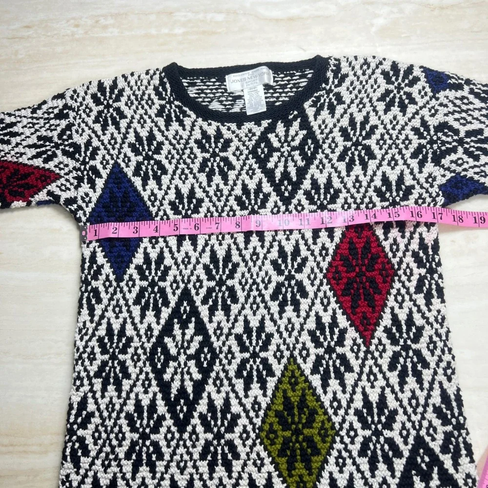 Jones New York Sport Petite Hand Knit Sweater Colorful Diamond Pattern Small